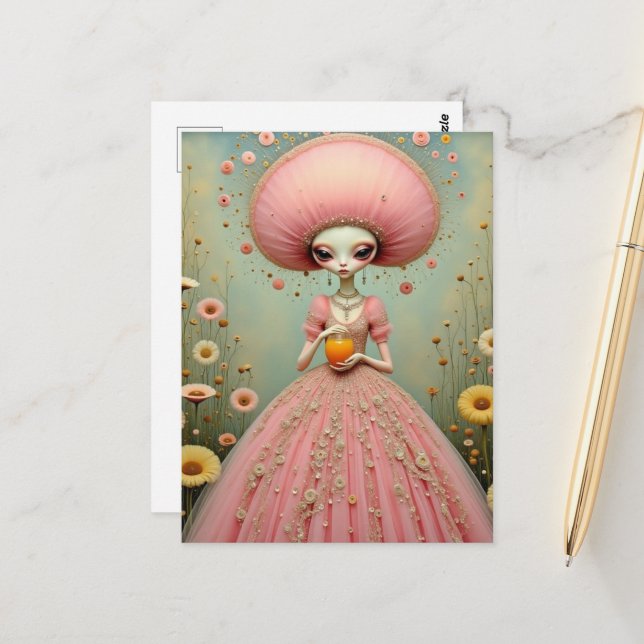 Beautiful Pink Alien Lady With Orange Juice Postcard (Front/Back In Situ)