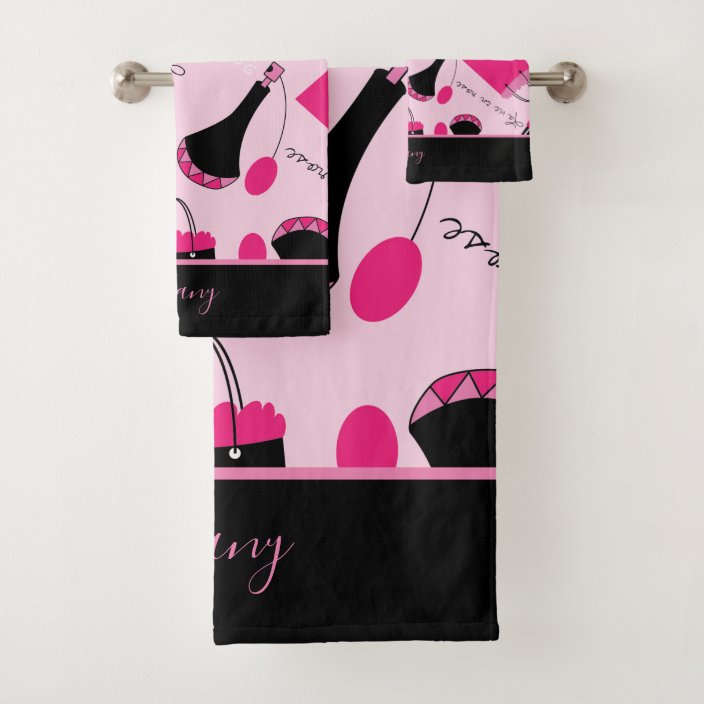 pink and black bath towels