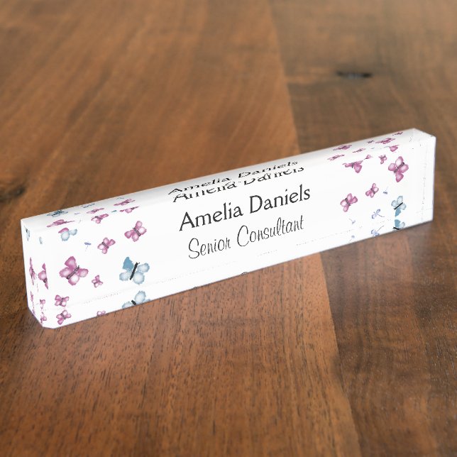 Beautiful Pink and Blue Butterfly Monogram Desk Name Plate (Side)