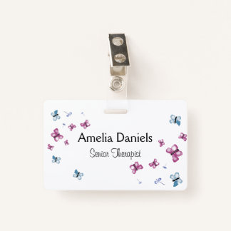 Beautiful Pink and Blue Butterfly Name Tag Badge
