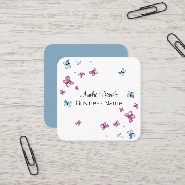Beautiful Pink and Blue Butterfly  Square Business Card (Front/Back In Situ)