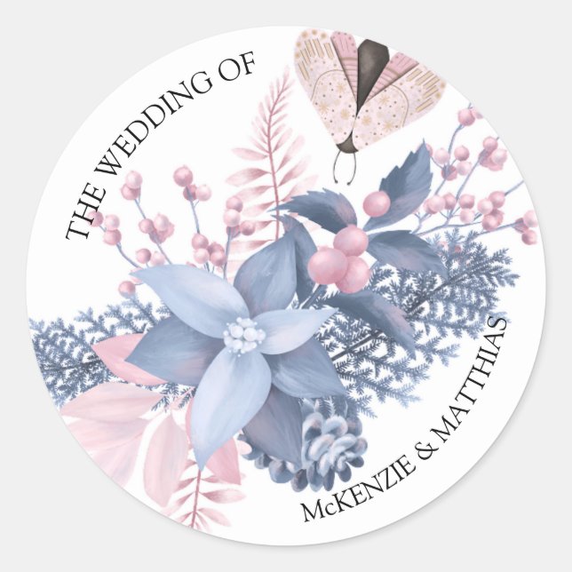 Beautiful Pink and Blue Christmas Floral Wedding Classic Round Sticker (Front)