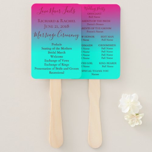 Beautiful Pink and Blue Ombre Wedding Program Hand Fan