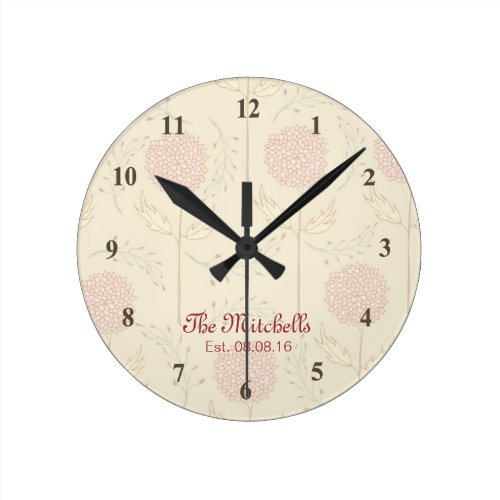 Beautiful Pink and Brown Floral Round Clock