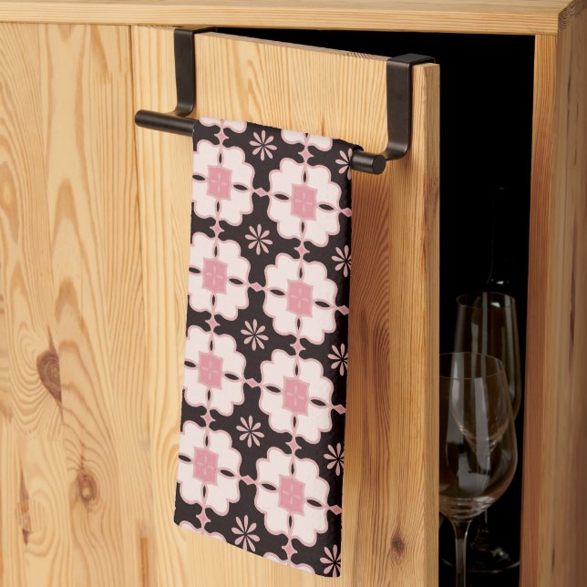 Beautiful Pink and Dark Brown Floral Tile Pattern Kitchen Towel (Thirds Fold)
