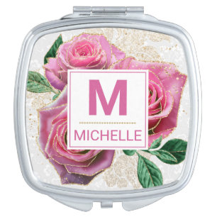 Beautiful Pink and Gold Glam Roses Monogram Compact Mirror