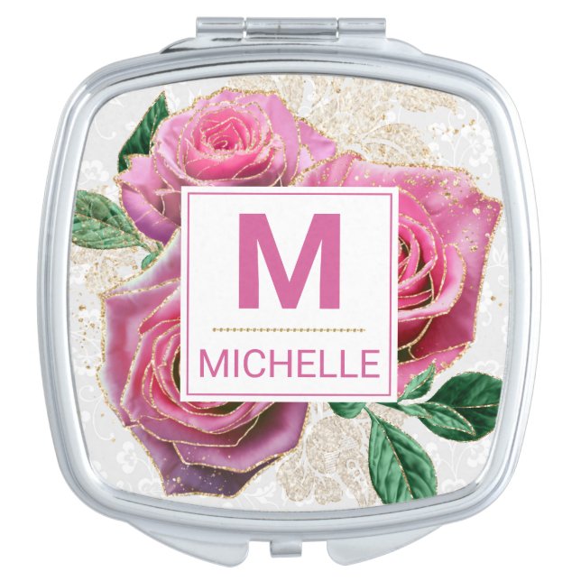 Beautiful Pink and Gold Glam Roses Monogram Compact Mirror (Front)