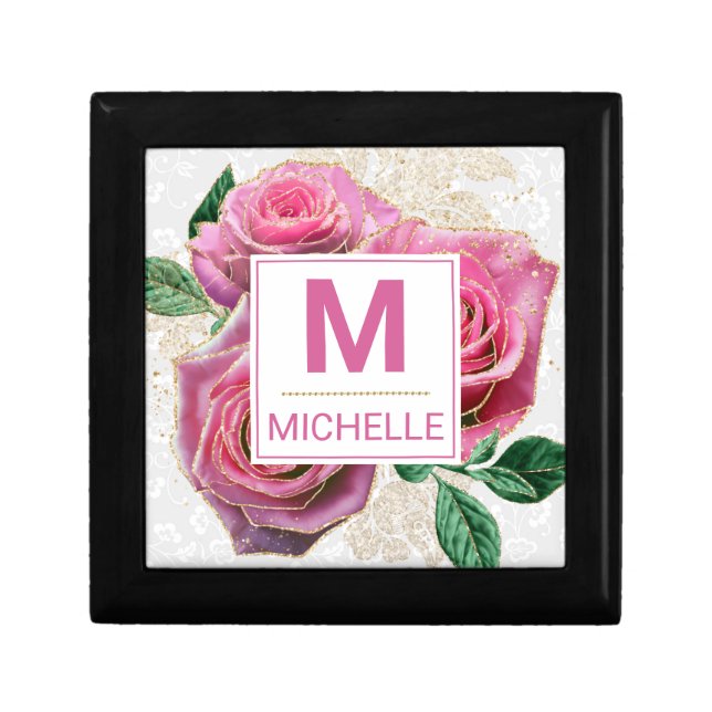 Beautiful Pink and Gold Glam Roses Monogram  Gift Box (Front)