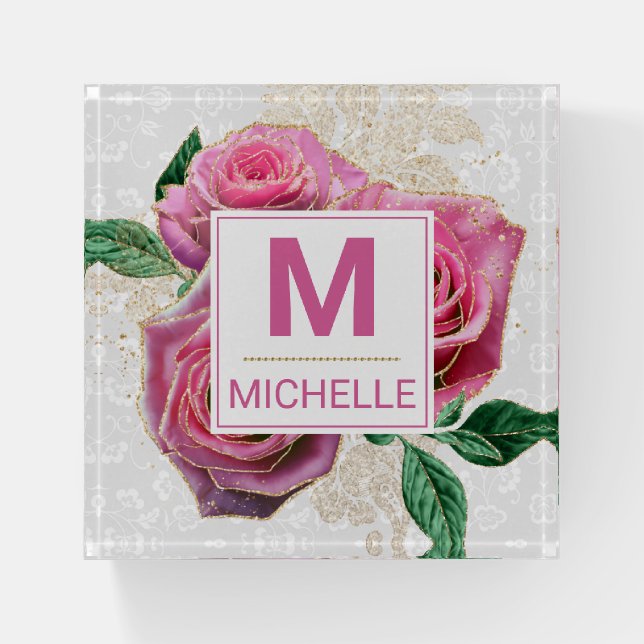 Beautiful Pink and Gold Glam Roses Monogram Paperweight (Front)