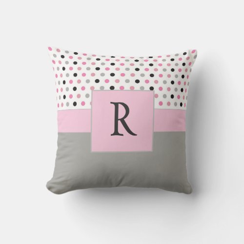 Beautiful Pink and Gray Monogram Polkadots Throw Pillow