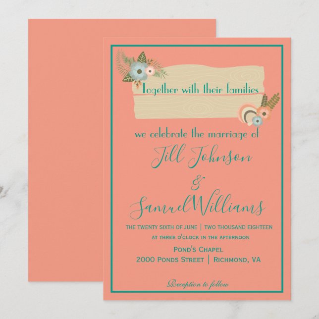 Beautiful Pink and Green Coastal Beach Wedding Invitation (Front/Back)