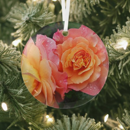 Beautiful pink and orannge rose photo glass ornament