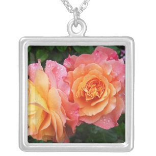 Beautiful pink and orannge rose photo silver plated necklace