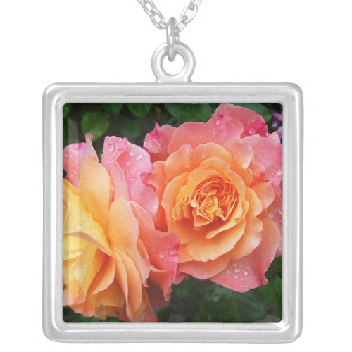 Beautiful pink and orannge rose photo silver plated necklace