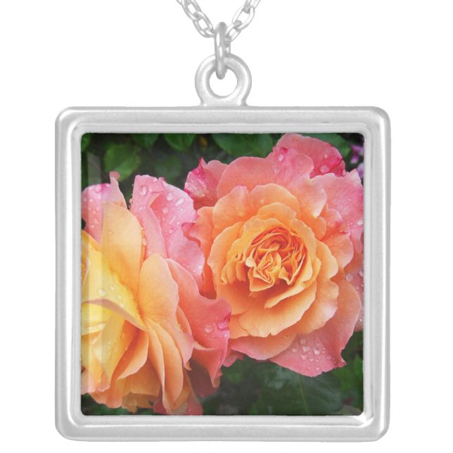 Beautiful pink and orannge rose photo silver plated necklace (Front)