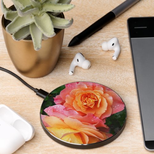 Beautiful pink and orannge rose photo wireless charger 