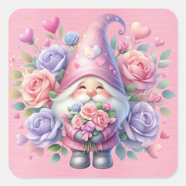 Beautiful Pink and Purple Gnome Among Roses Square Sticker (Front)