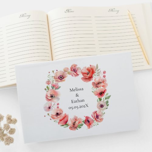 Beautiful pink and red poppy flower design guest book