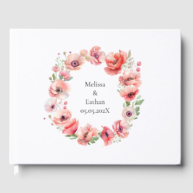 Beautiful pink and red poppy flower design guest book (Front)