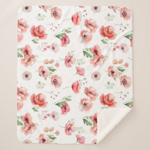 Beautiful pink and red poppy flower design sherpa blanket