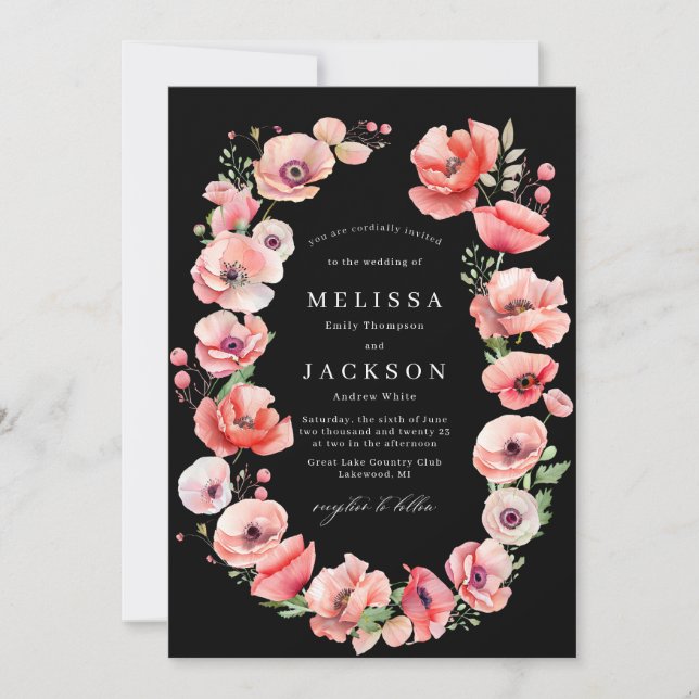 Beautiful Pink and Red Poppy Flower Wedding  Black Invitation (Front)