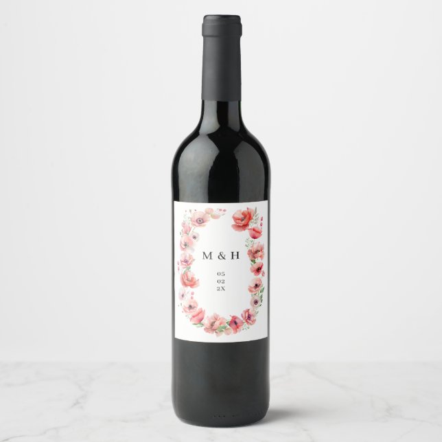 Beautiful pink and red poppy flower Wedding Wine Label (Front)
