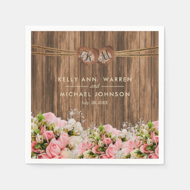 Beautiful Pink and White Roses on Wood Napkins (Front)