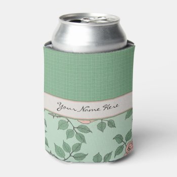 Beautiful Pink And Yellow Flowers On Green Pattern Can Cooler by suchicandi at Zazzle