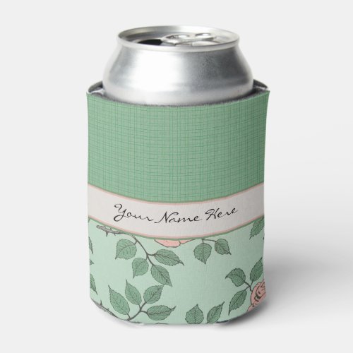 Beautiful Pink and Yellow Flowers on Green Pattern Can Cooler