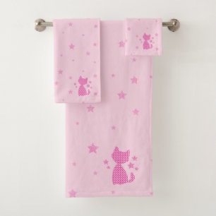 Beautiful Pink Asterisks and Cute Kitten Bath Towel Set