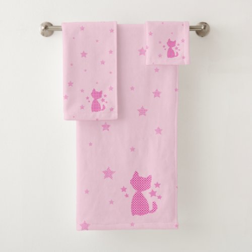 Beautiful Pink Asterisks and Cute Kitten Bath Towel Set