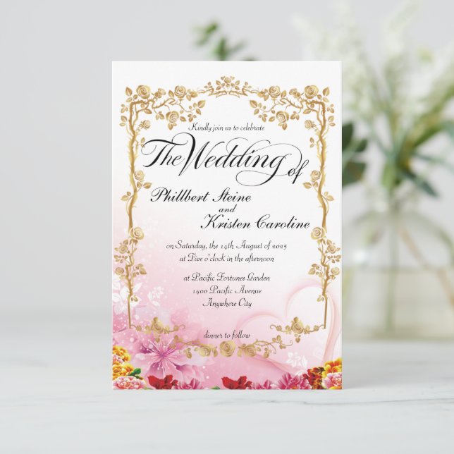 beautiful pink background with gold floral border  invitation (Standing Front)