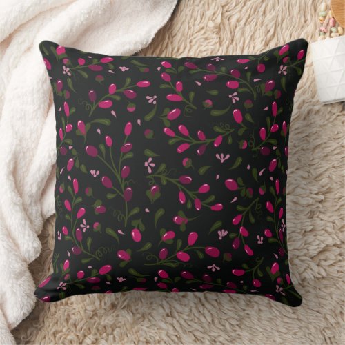 Beautiful Pink Berries Branches on Dark Background Throw Pillow
