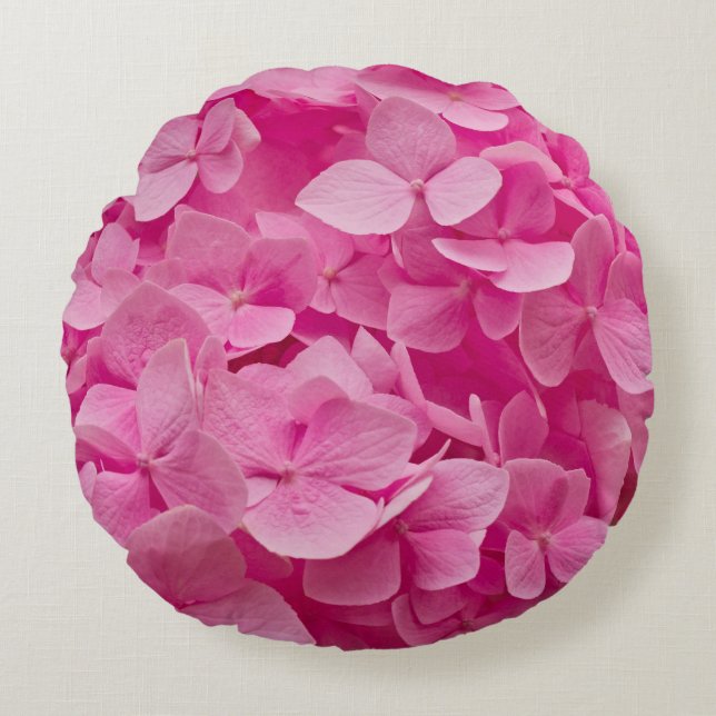 Beautiful Pink Blooming Hydrangea, Elegant Floral Round Pillow (Front)