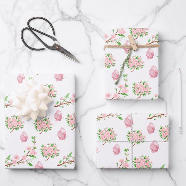 Beautiful Pink Blossoms and Pink Butterflies Wrapping Paper Sheets (Front)