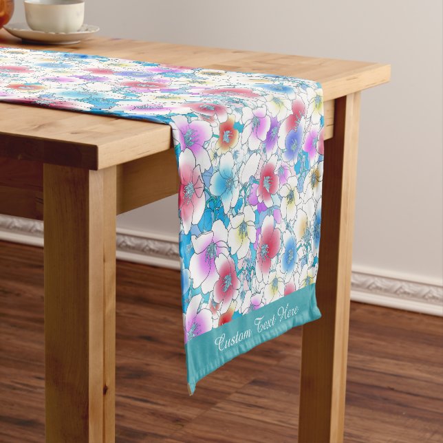 Beautiful Pink Blue Floral Artwork Personalized Short Table Runner (In Situ)