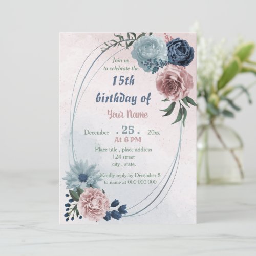 beautiful pink blue floral geometric birthday  invitation
