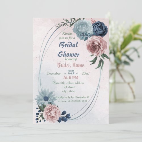 beautiful pink blue floral geometric bridal shower invitation