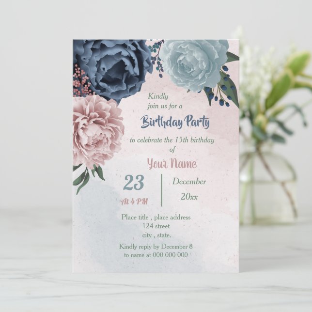 beautiful pink blue floral greenery birthday party invitation (Standing Front)