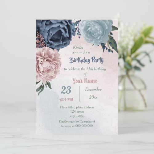 beautiful pink blue floral greenery birthday party invitation