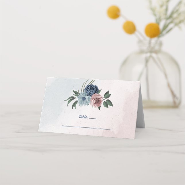 beautiful pink blue floral greenery place card (Front)