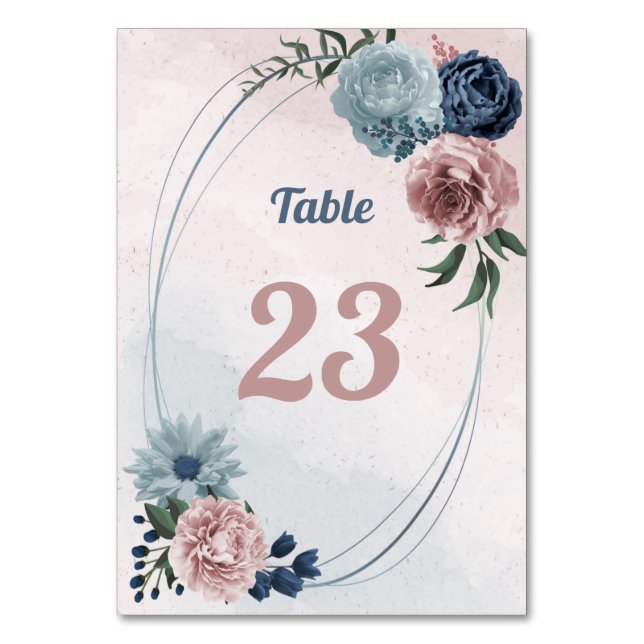 beautiful pink blue floral greenery table number (Front)
