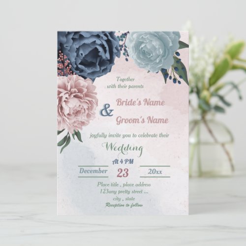 beautiful pink blue floral greenery wedding invitation