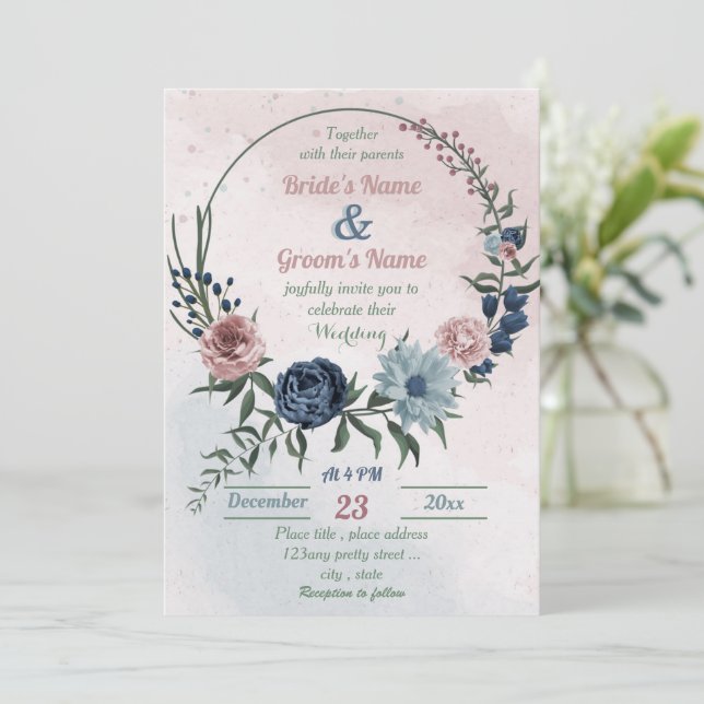 beautiful pink blue floral greenery wreath wedding invitation (Standing Front)