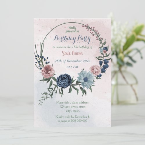 beautiful pink blue floral wreath birthday party invitation