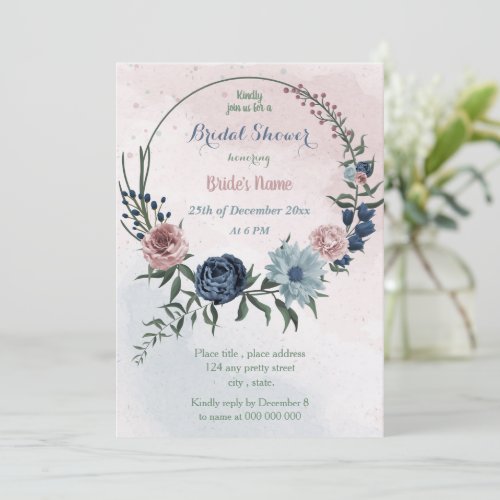 beautiful pink blue floral wreath bridal shower invitation