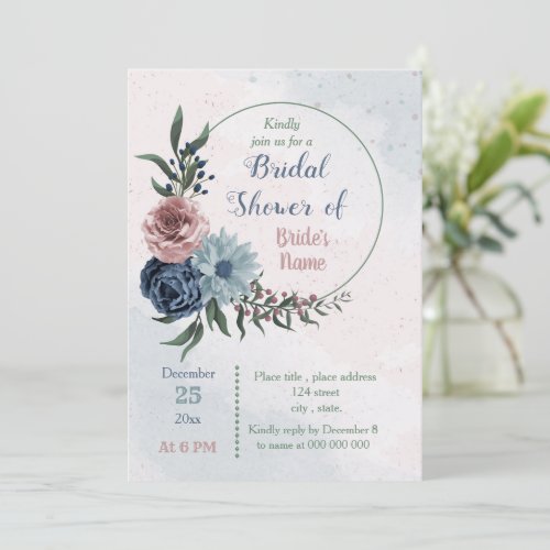 beautiful pink blue floral wreath bridal shower  invitation