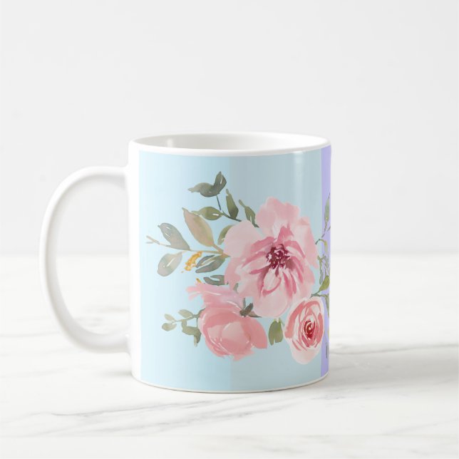 Beautiful Pink Blue Striped Floral Monogram Name Coffee Mug (Left)