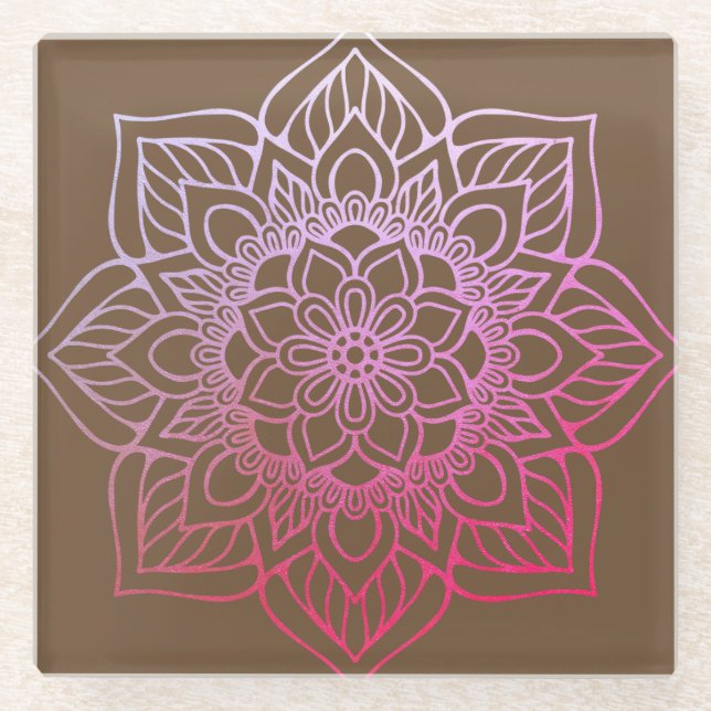 Beautiful Pink Brown Boho Mandala  Glass Coaster (Front)