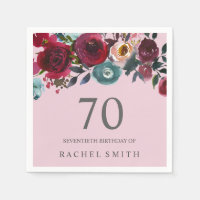 Beautiful Pink Burgundy Floral 70th birthday Party Paper Napkins